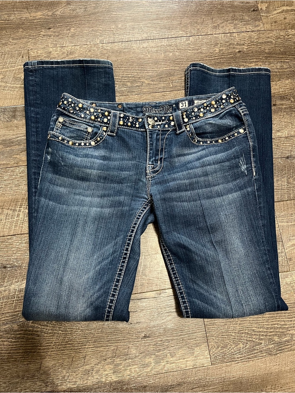 Miss Me Dark Blue Boot Cut Jeans with Studded Waistband